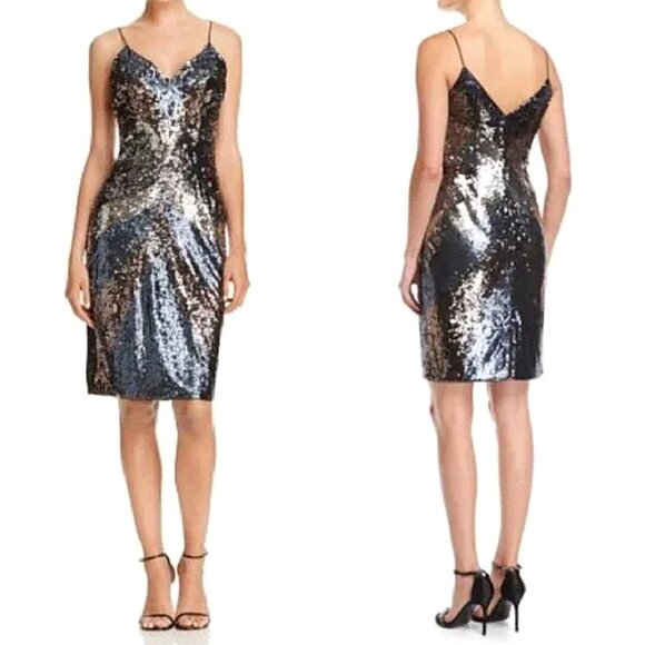 Aidan Mattox Metallic Sequin Spaghetti Strap Cocktail Dress - Picture 1 of 8